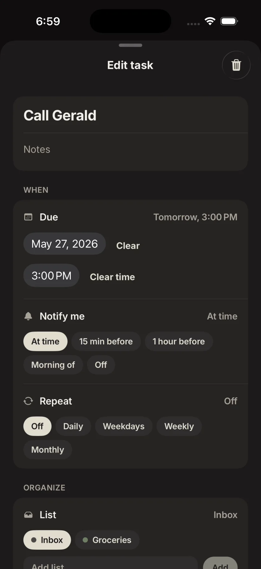 Mantel task editor showing due date, reminder, repeat, and list controls