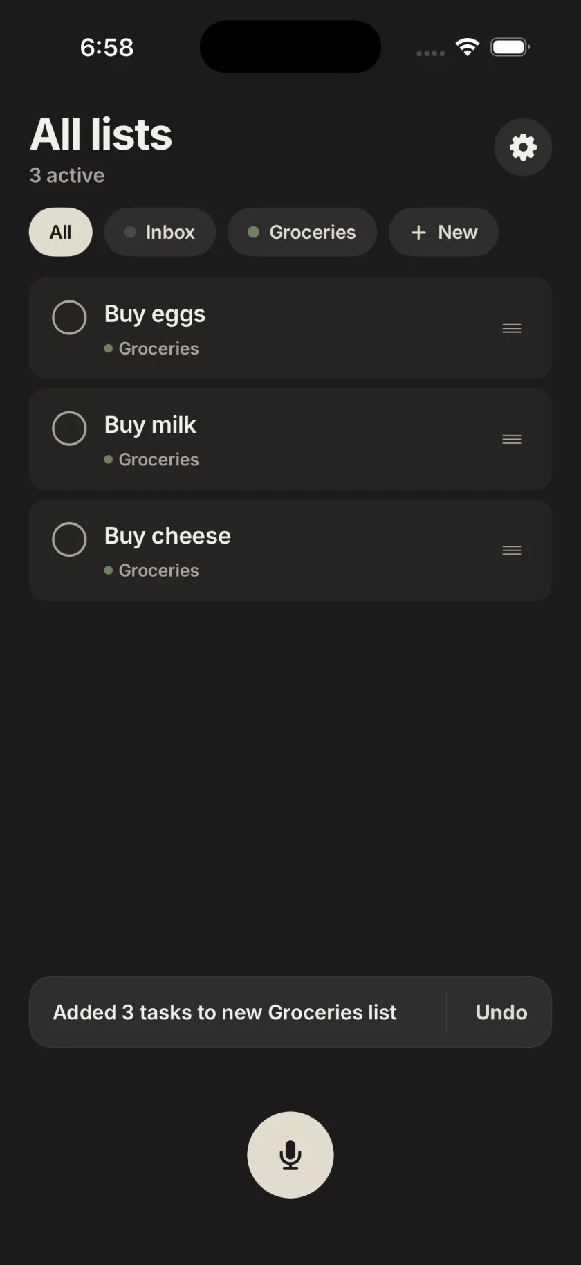 Mantel automatically creating a Groceries list from spoken tasks