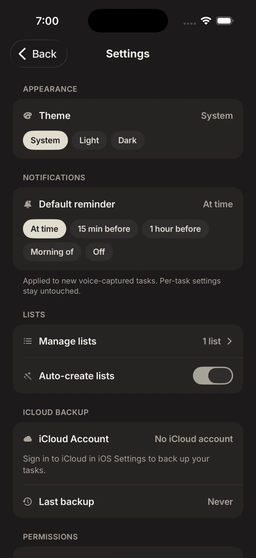 Mantel settings for appearance, reminders, lists, and iCloud backup