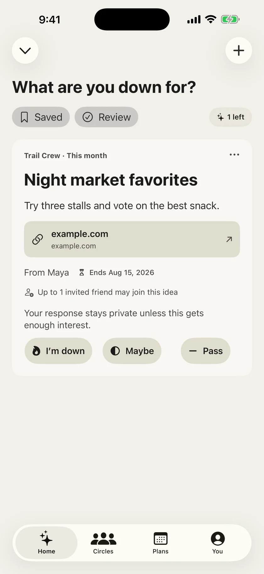 Moro home screen showing a private idea and three response choices